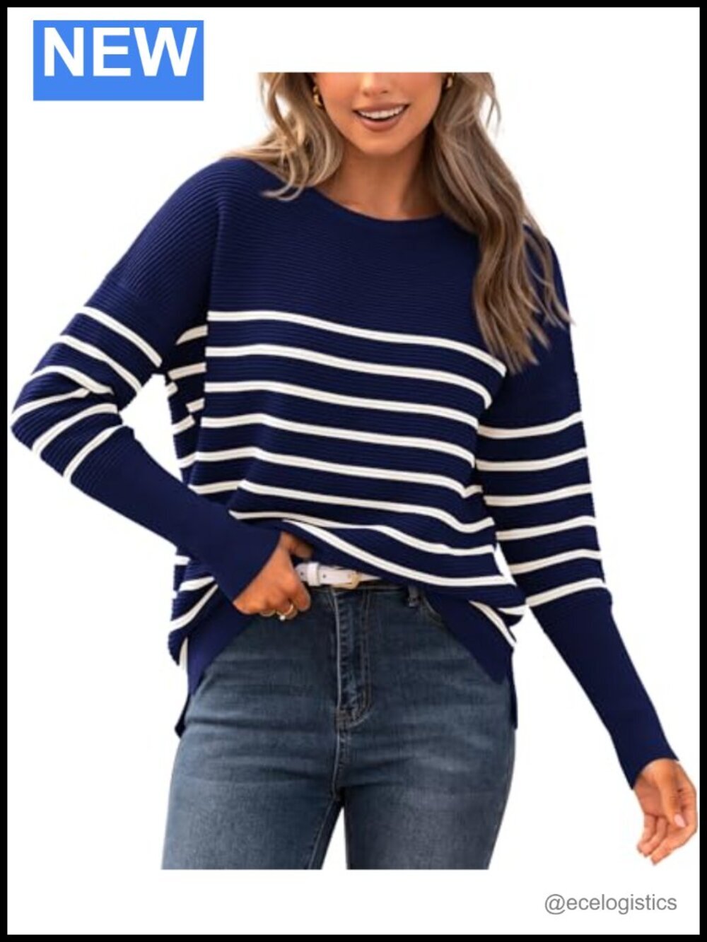Casual Long Sleeve Striped Loose Fit Pullover Crew Neck Sweater